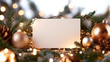 Christmas decorations and a blank card on a background of lights photo