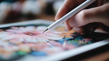 A person is holding a pen and drawing on a tablet photo