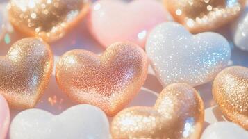 Gold, pink and white hearts on a white surface photo