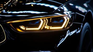 Close up of a car headlight with a bright light photo