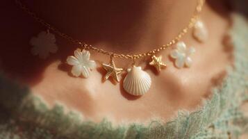 A woman wearing a necklace with shells and stars photo