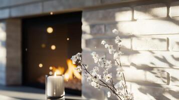 A candle and flowers sit on a table near a fireplace photo