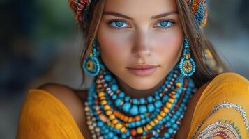 Bohemian Style Close-Up of Woman Wearing Layered Beaded Bracelets photo