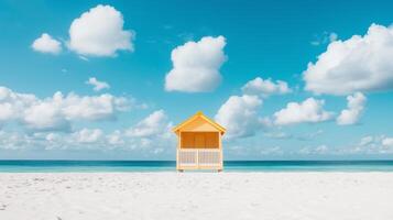 A yellow beach hut sits on the sand with blue skies photo