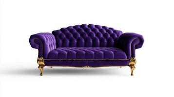 A purple velvet couch with gold legs photo