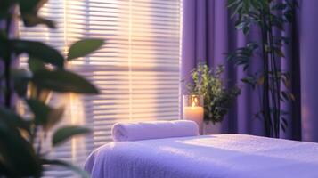 Serene purple spa room with massage table, candles photo