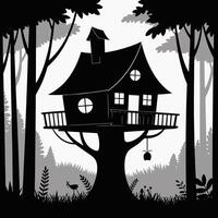 Silhouette Treehouse in Dark Forest Magical, Mysterious, Cozy. vector