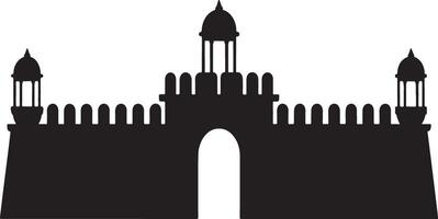 Black silhouette of an ancient fortress gate with towers. vector