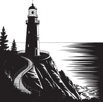 Lighthouse on a cliffside with winding staircase isolated on white background. vector
