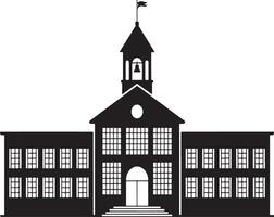 Black and white silhouette of a classic school building with a be.ll tower and flag vector