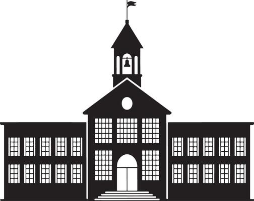 Black and white silhouette of a classic school building with a be.ll tower and flag