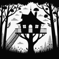 Black silhouette treehouse in forest isolated on white background. vector
