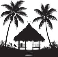 Tropical hut silhouette with palm trees isolated on white background. vector