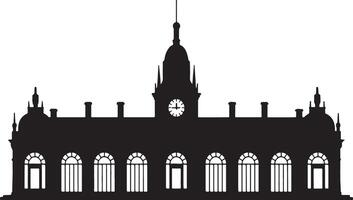 Silhouette of a grand historical building with a clock tower and arched windows. vector
