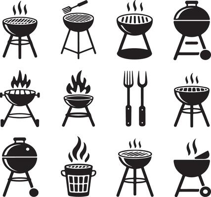 Barbecue Grill Icons Smoking Grills, Utensils, and Fire.
