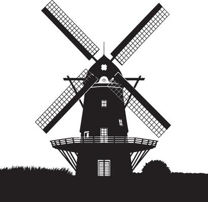 Black silhouette of a windmill isolated on white background.