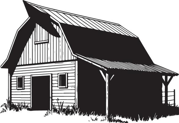 Classic black and white illustration of a gambrel roof barn in a field.