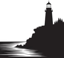 Lighthouse silhouette on a cliff coastline isolated on white background. vector