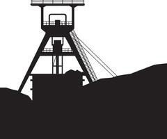 Black and white silhouette of a mine headframe against a coal mine background. vector