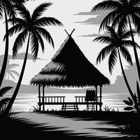 Tropical beach hut silhouette with palm trees isolated on white background. vector