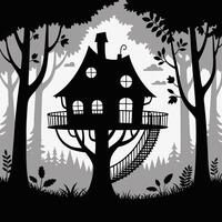 Silhouette Treehouse Enchanted Forest Magical Home Fantasy Landscape. vector
