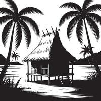 Tropical hut silhouette on the beach isolated on white background. vector