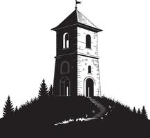 Stone tower on hilltop with trees silhouette isolated on white background. vector