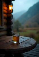 A glass of whiskey on a wooden table in front of a log cabin photo