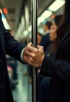 Two people in business attire holding hands on a subway photo