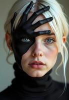 A woman with black makeup and black gloves photo