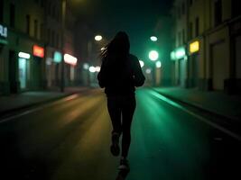 A woman is running down a street at night photo