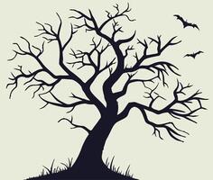 Spooky Bare Tree Silhouette with Bats, Halloween Graphic vector