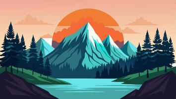 Sunset Mountain Lake Landscape Scenic View with Pine Trees vector