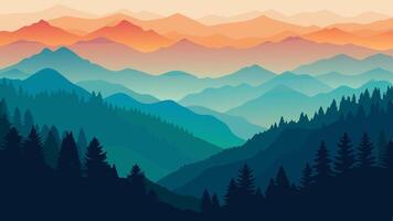 Sunset Mountain Range Landscape Silhouette of Trees and Colorful Peaks vector