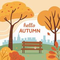 Autumn Park Bench Scene Hello Autumn Greeting vector