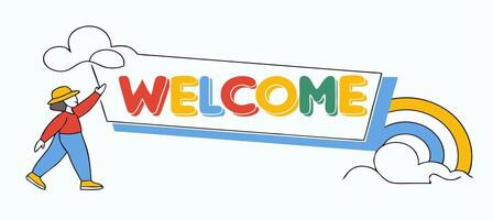 Person Holding Colorful Welcome Banner with Rainbow vector