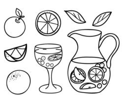 Sangria Set. Cocktail Glass and Jug or Pitcher with Orange and Apple fruits. Summer refreshment beverage. Hand drawn illustration of Spanish drink in Doodle style isolated on a background. For vector