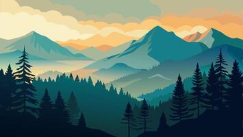 Majestic Mountain Range at Sunset Panoramic View of Coniferous Forest and Peaks vector