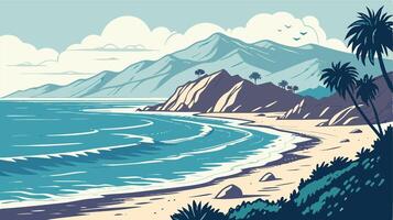 Serene Beach Cove with Mountains and Palm Trees vector