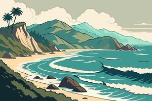 Serene Beach Scene Ocean Waves Crashing on Sandy Shore with Mountains vector