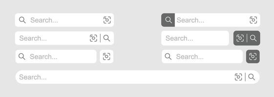Modern Search Bar UI Kit Collection, Minimalistic Search Input Fields with Scan Icon and Magnifying Glass for Website and Mobile App Design, Light and Dark Mode Variations vector