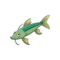 Cartoon green fish with barbels swimming isolated on white vector