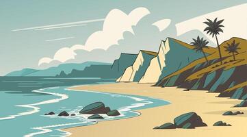Serene Beach Scene Coastal Cliffs, Palm Trees, Ocean Waves vector