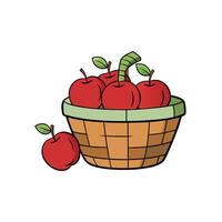 Cartoon basket overflowing with red apples and green leaves vector