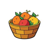 Cartoon fruits in wooden basket on a white backdrop vector