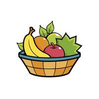 Cartoon fruit basket with banana, apple, leaves, and mango vector