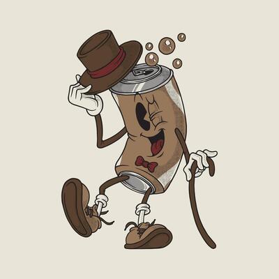 Retro Cartoon Soda Can Mascot with Fancy Pose and Top Hat