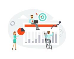 Team of Tiny Business People Doing Marketing of Financial Research, Analysing Graph, Planning, Command Success Strategy Flat Style Illustration vector
