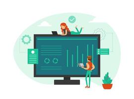 Tiny Business People Doing Marketing of Financial Research, Analysing Graph on Giant Computer Screen Flat Illustration vector