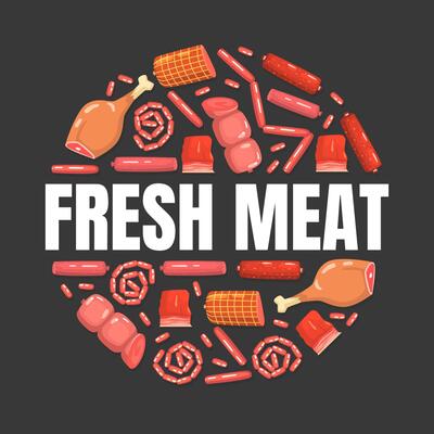Fresh Meat Banner Template, Meat Delicatessen and Butchery Products Pattern of Round Shape Illustration